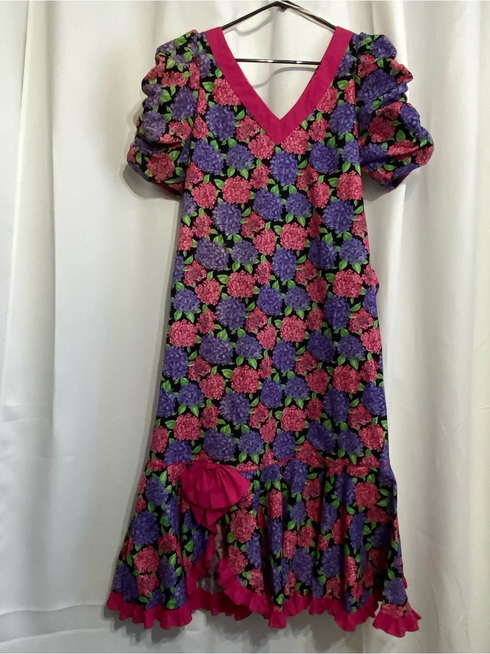 VTG Princess Kaiulani Pink Purple Floral Ruffle Hawaiian Muumuu Maxi Dress 14